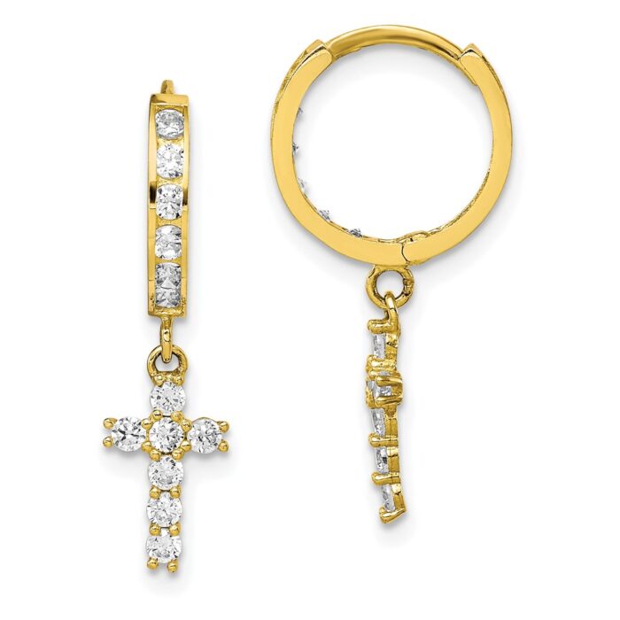 10ER316 10K Yellow Gold CZ Cross Hinged Hoop Earrings