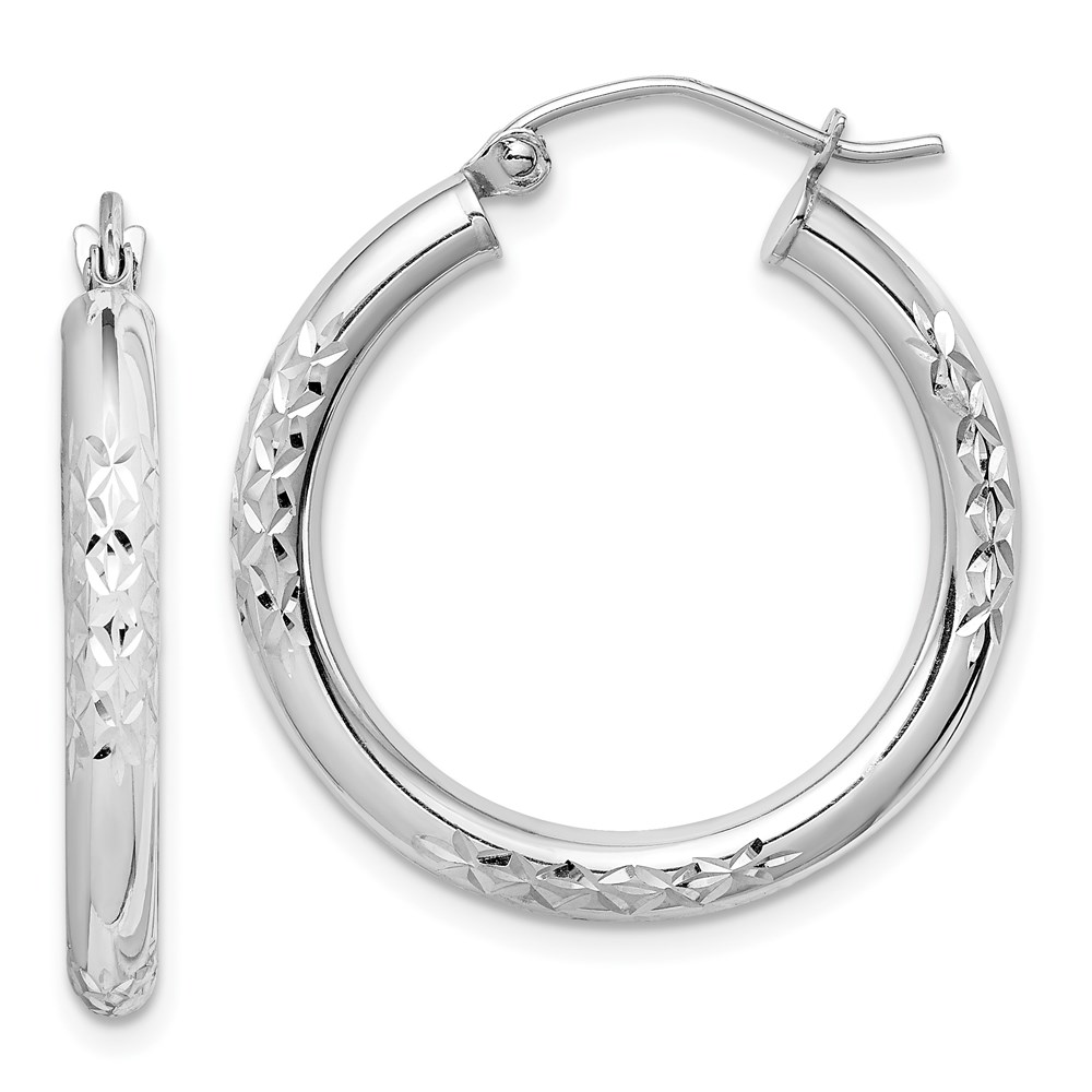 10TC350 10K White Gold Diamond-Cut 3 mm Hoop Earrings