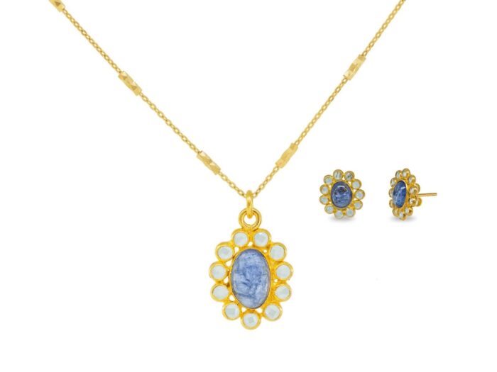 21A101B Blue Tanzanite, Crystals Pendant & Earrings Set in Gold Plated Sterling Silver