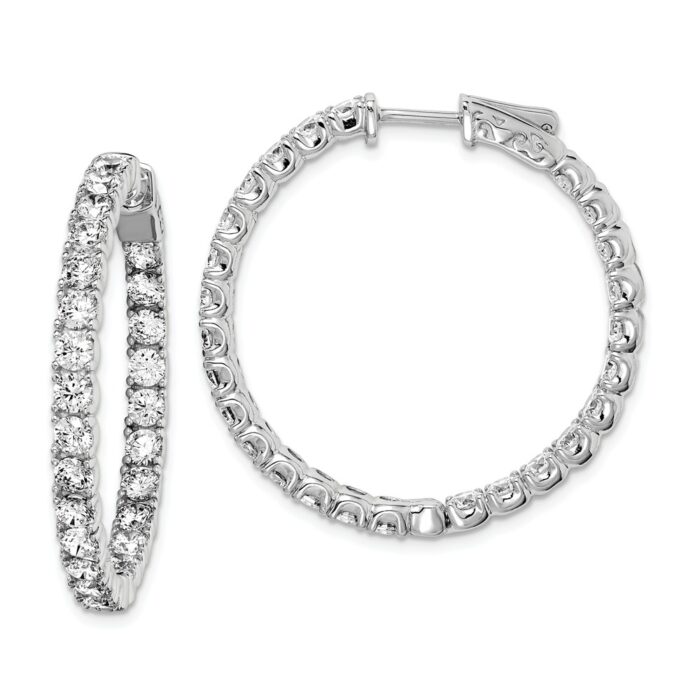 33 mm Sterling Silver Rhodium-Plated CZ 52 Stones In & Out Hinged Hoop Polished Earrings