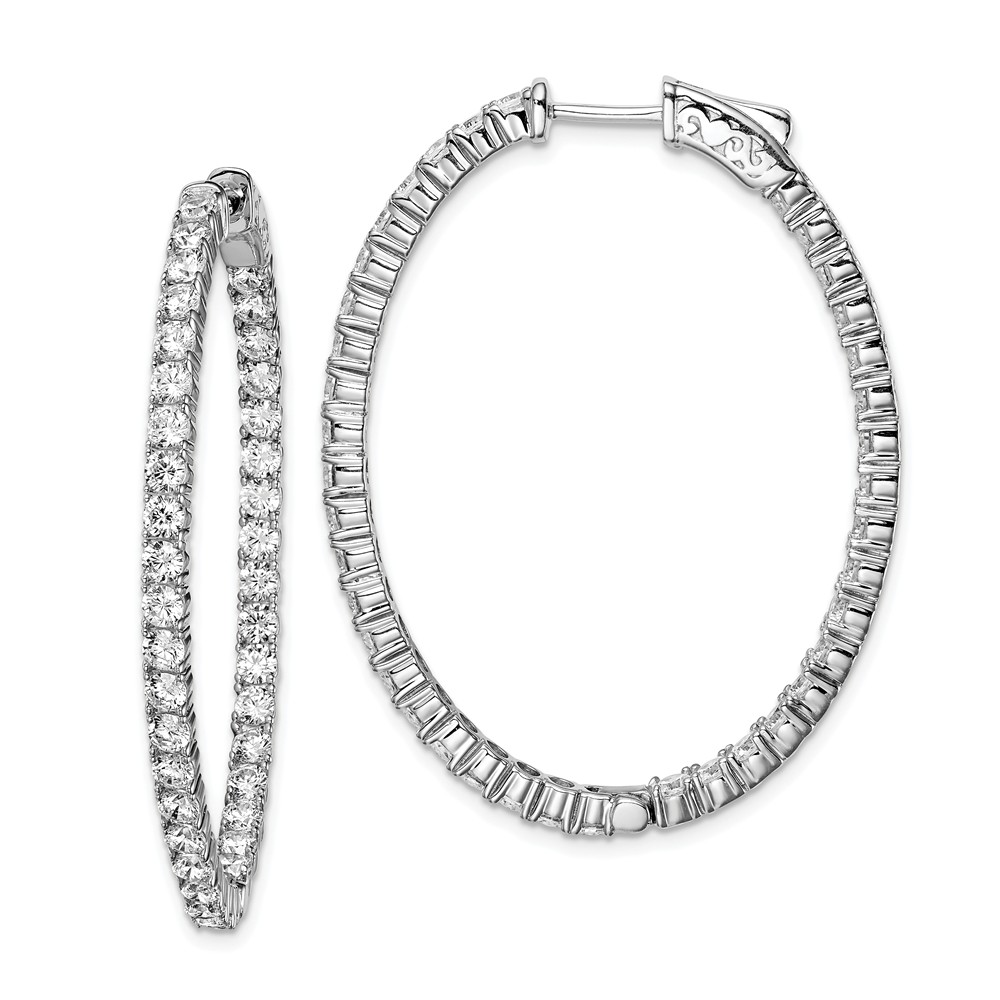 43 mm Sterling Silver Rhodium-Plated CZ Hinged Oval Hoop Earrings - Polished