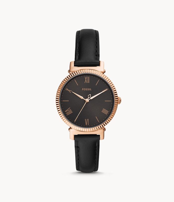 Daisy Three-Hand Black Leather Watch jewelry