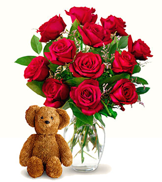 FTD® Dozen Roses and Teddy Bear