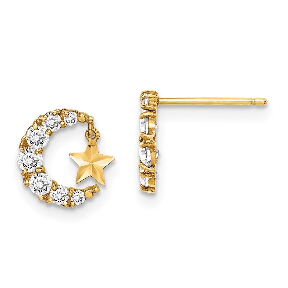 GK1028 14K Yellow Gold Madi K CZ Crescent Moon with Diamond-Cut Star Dangle Post Earrings