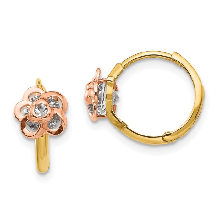 GK789 14K Two-Tone Yellow & Rose Gold Madi K CZ Flower Hinged Hoop Earrings