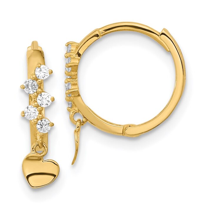 GK903 14K Yellow Gold Madi K CZ Heart Dangle Hinged Hoop Earrings