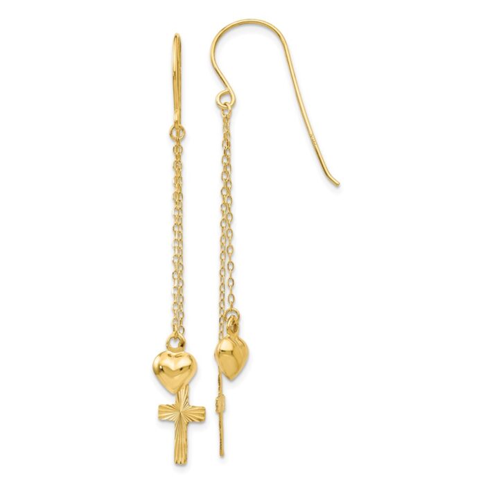 H1088 14K Yellow Gold Ropa Chain Puffed Heart & Diamond-Cut Cross Dangle Earrings