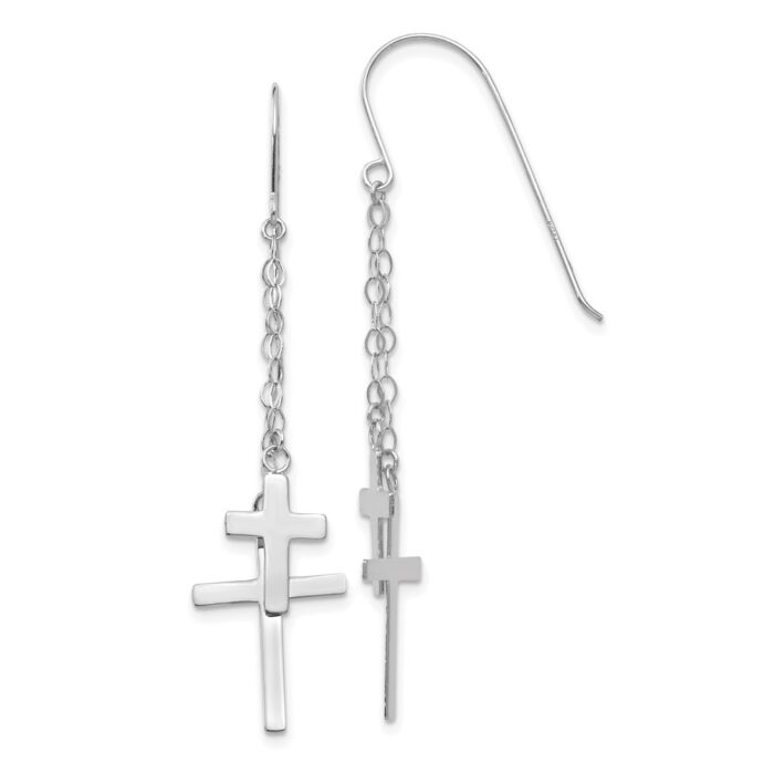 H1090 14K White Gold Chain Dangle Cross Shepherd Hook Earrings