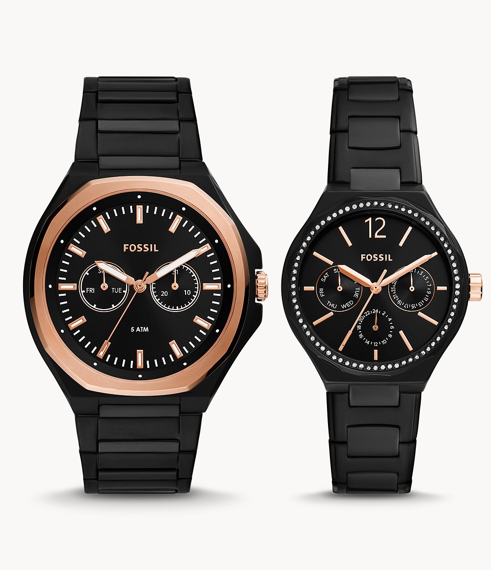 His And Her Multifunction Black Stainless Steel Watch