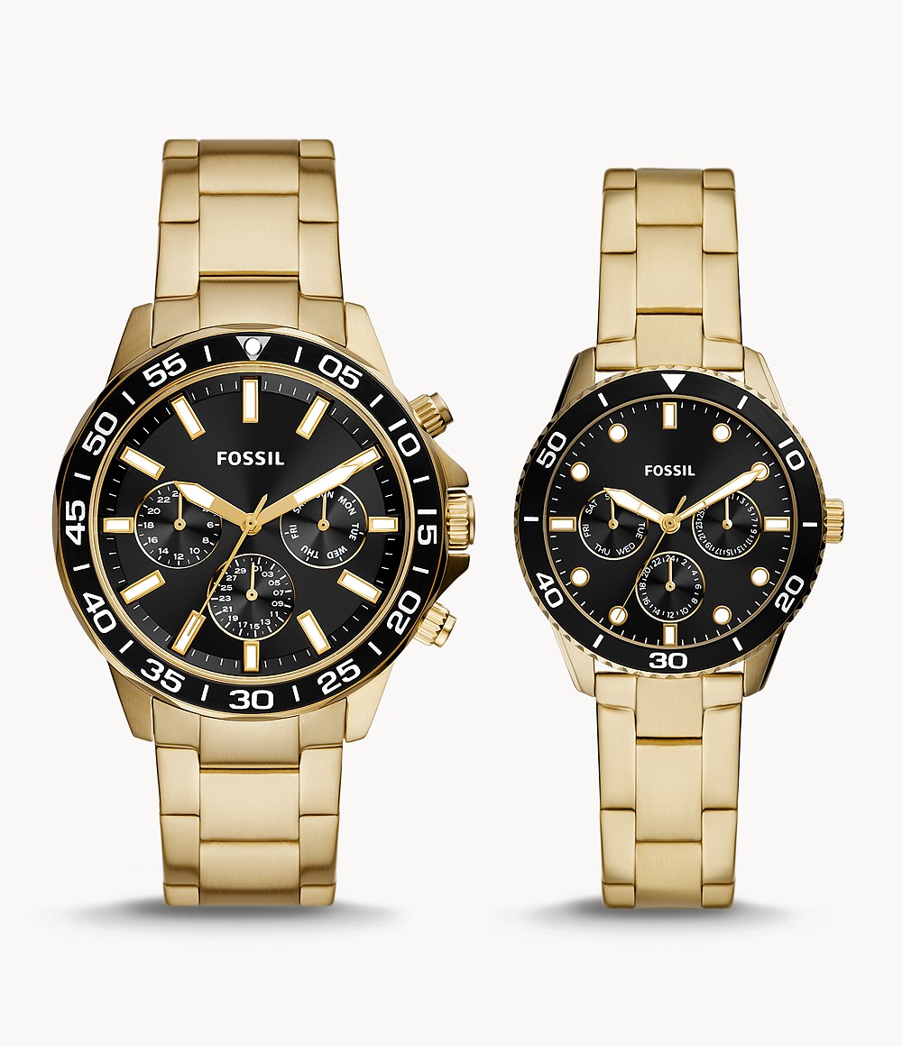 His And Her Multifunction Gold-Tone Stainless Steel Watch Set