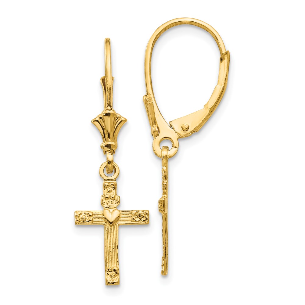 K4531 14K Yellow Gold Mini Cross with Heart Leverback Earrings