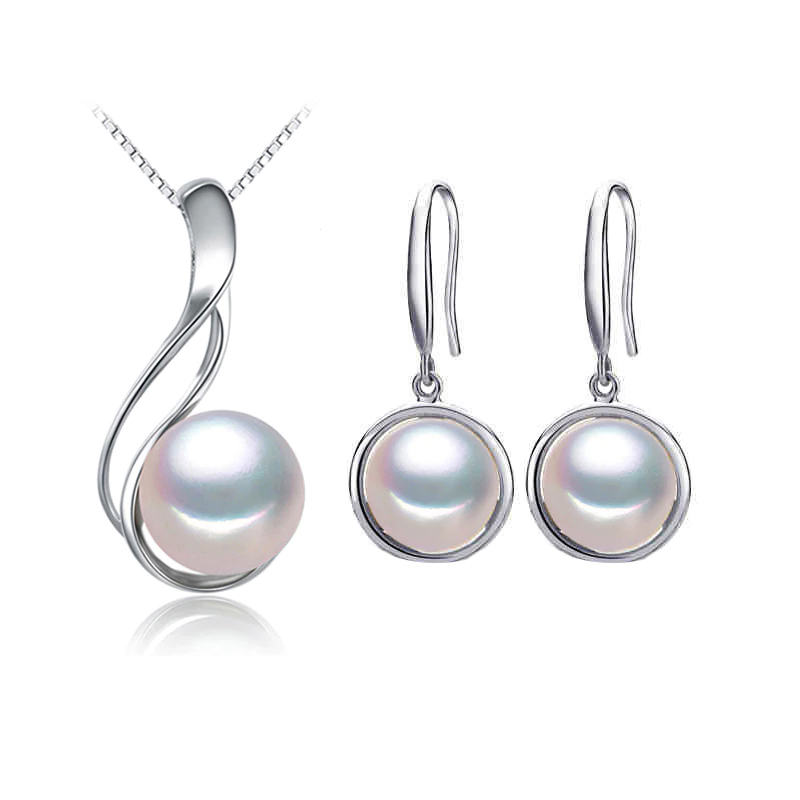 MDS210065 Round White Freshwater Pearl Earrings & Pendant Set in 0.925 White Sterling Silver