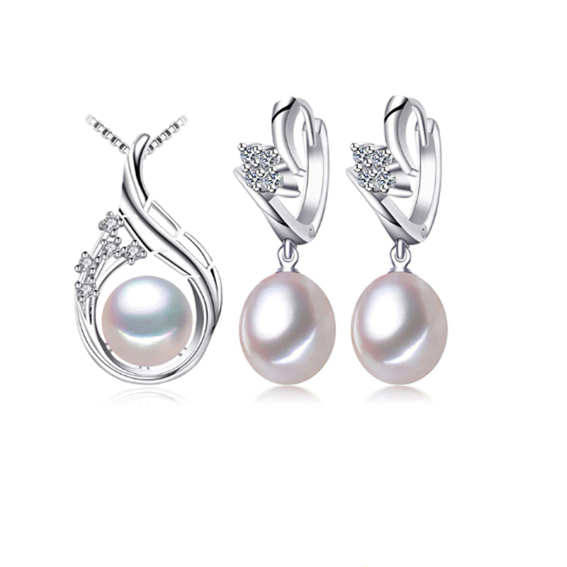 MDS210068 Round White Freshwater Pearl Leaf Earrings & Pendant Set in 0.925 White Sterling Silver