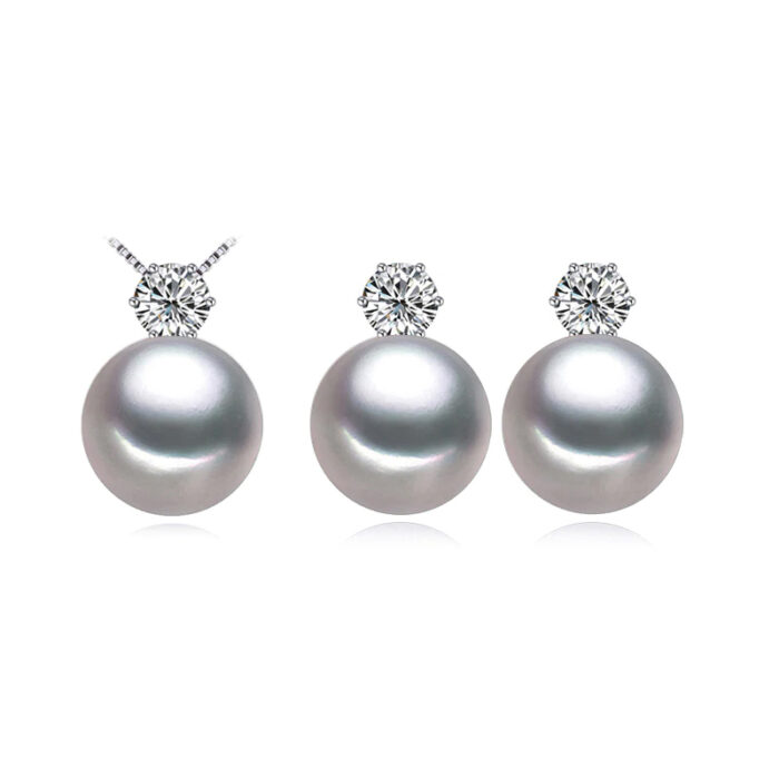 MDS210070 Round White Freshwater Pearl Earrings & Pendant Set in 0.925 White Sterling Silver