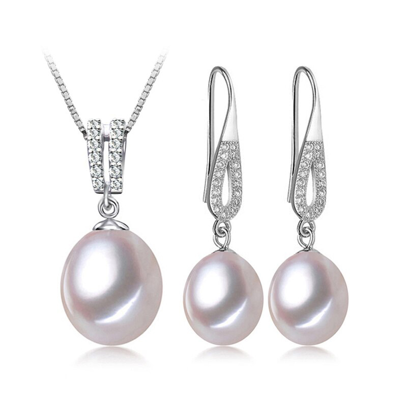 MDS210072 Teardrop White Freshwater Pearl Earrings & Pendant Set in 0.925 White Sterling Silver