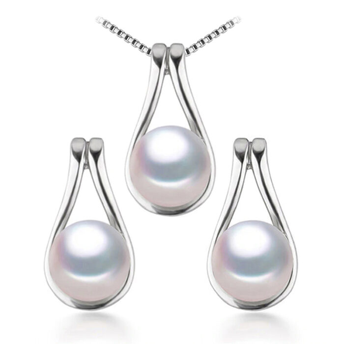 MDS210074 Round White Freshwater Pearl Drop, Dangle Earrings & Pendant Set in 0.925 White Sterling Silver