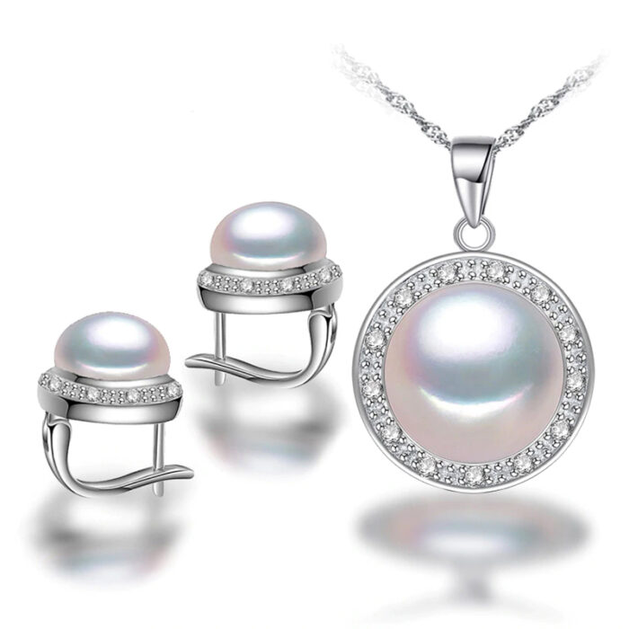 MDS210075 Round White Freshwater Pearl Stud Halo Earrings & Pendant Set in 0.925 White Sterling Silver