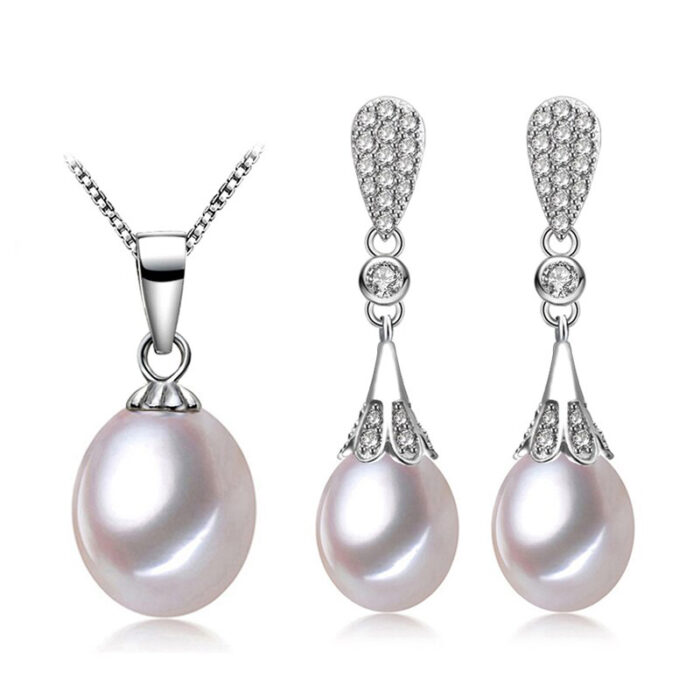 MDS210076 Teardrop White Freshwater Pearl Drop, Dangle Earrings & Pendant Set in 0.925 White Sterling Silver