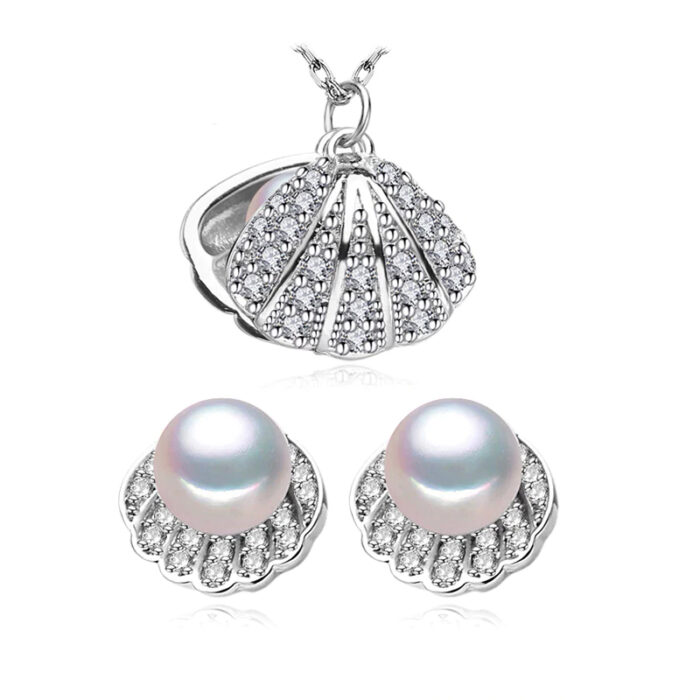 MDS210077 Round White Freshwater Pearl Stud Clam Shell Earrings & Pendant Set in 0.925 White Sterling Silver