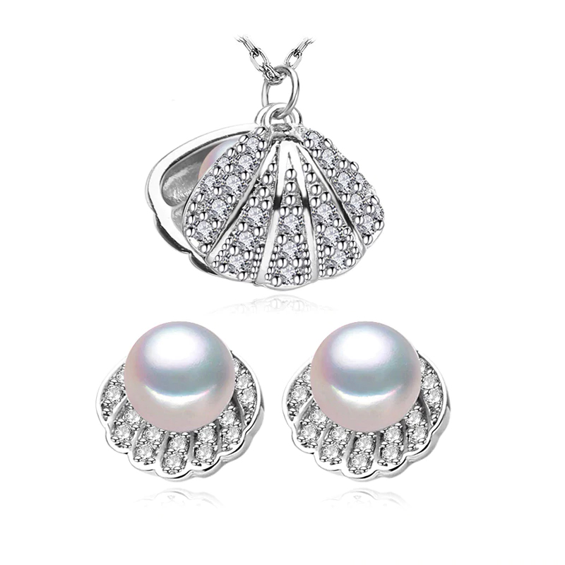 MDS210077 Round White Freshwater Pearl Stud Clam Shell Earrings & Pendant Set in 0.925 White Sterling Silver