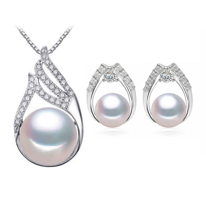 MDS210081 Round White Freshwater Pearl Drop, Dangle Earrings & Pendant Set in 0.925 White Sterling Silver