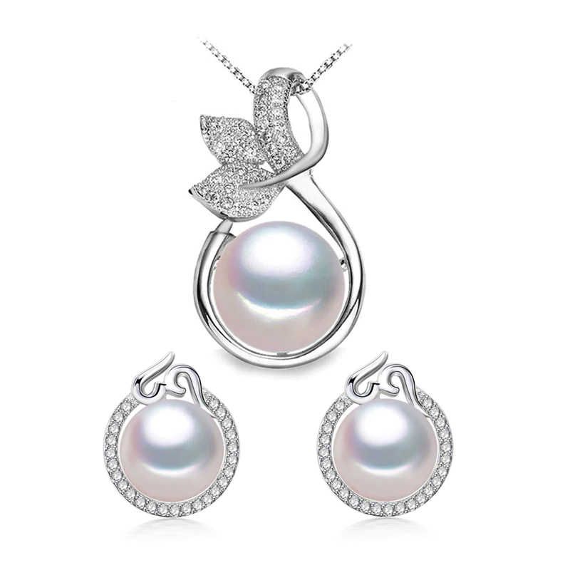 MDS210086 Round White Freshwater Pearl Stud Leaf Earrings & Pendant Set in 0.925 White Sterling Silver