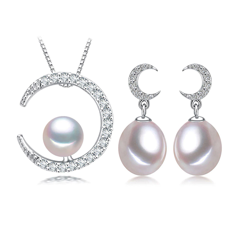 MDS210090 Multi White Freshwater Pearl Drop, Dangle Crescent Moon Earrings & Pendant Set in 0.925 White Sterling Silver