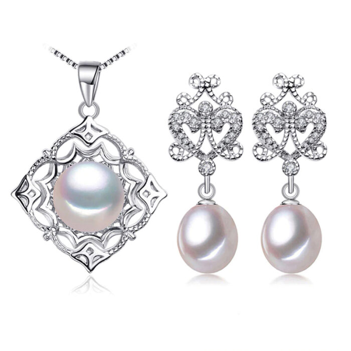 MDS210094 Multi White Freshwater Pearl Drop, Dangle Fancy Earrings & Pendant Set in 0.925 White Sterling Silver