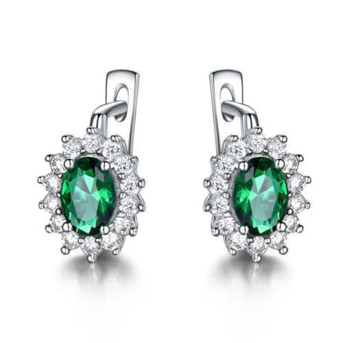 MDS210245 Oval Green Nano Emerald Dangle & Drop Earrings in 0.925 White Sterling Silver