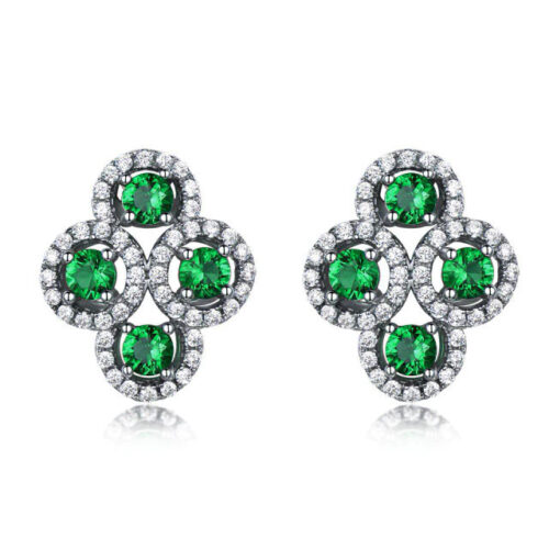 MDS210270 Round Green Nano Emerald Halo Stud Earrings in 0.925 White Sterling Silver