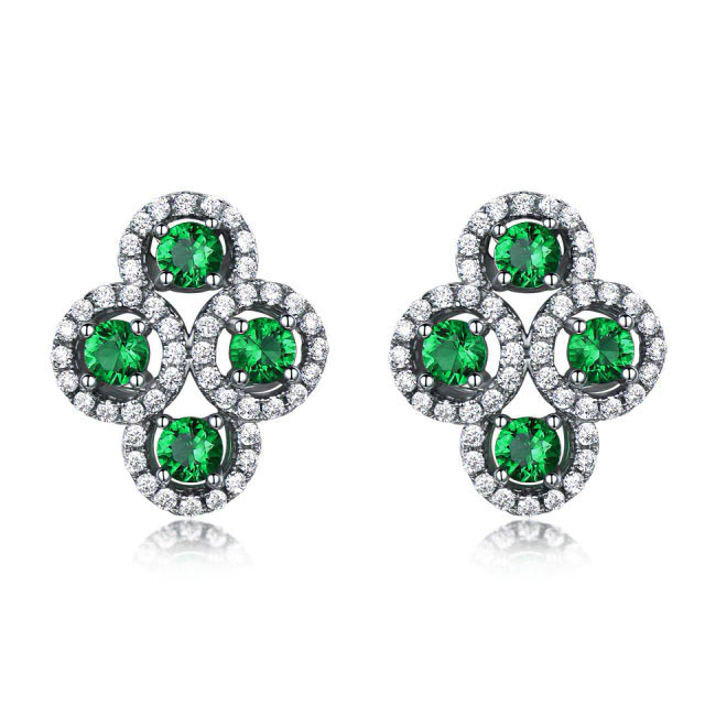 MDS210270 Round Green Nano Emerald Halo Stud Earrings in 0.925 White Sterling Silver