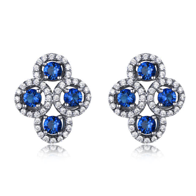 MDS210271 Round Blue Nano Sapphire Halo Stud Earrings in 0.925 White Sterling Silver