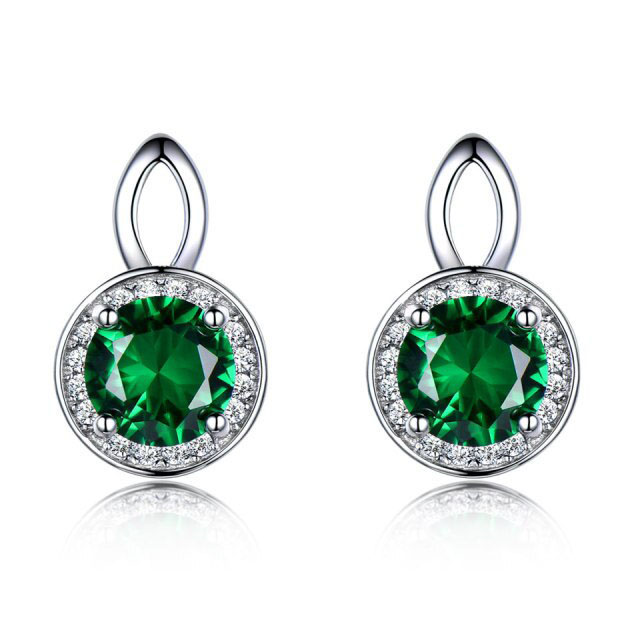 MDS210278 Round Green Nano Emerald Halo Stud Earrings in 0.925 White Sterling Silver