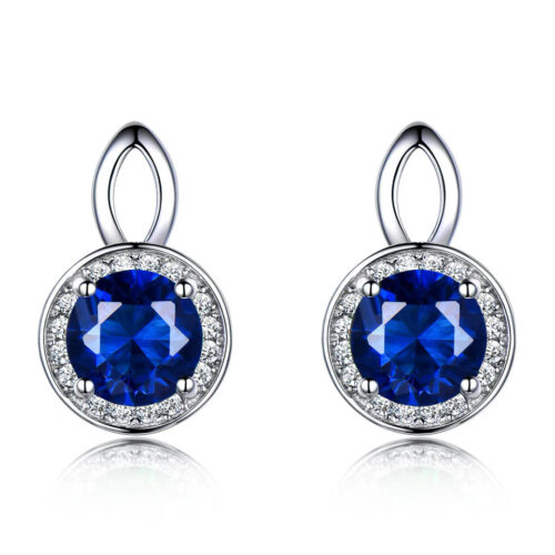 MDS210279 Round Blue Nano Sapphire Halo Stud Earrings in 0.925 White Sterling Silver