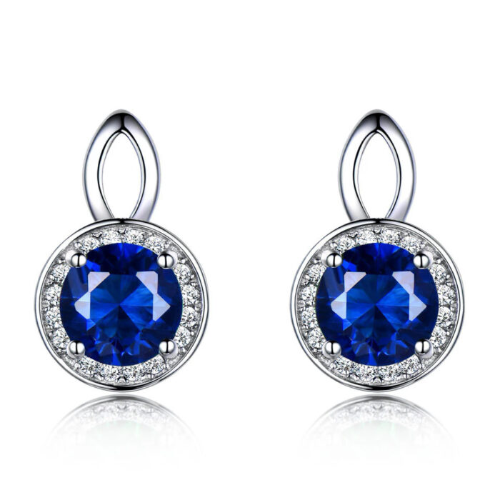 MDS210279 Round Blue Nano Sapphire Halo Stud Earrings in 0.925 White Sterling Silver