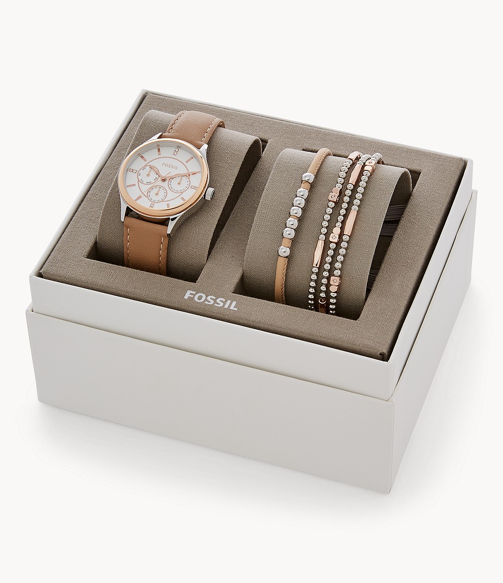 Modern Sophisticate Multifunction Tan Leather Watch And Jewelry Gift Set jewelry