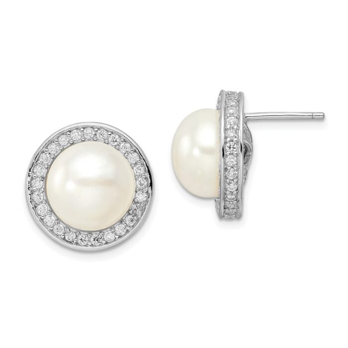 QCM1472 Sterling Silver Cheryl M Rhodium-Plated CZ & 12 mm FWC Pearl Stud Earrings