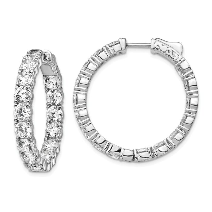 QE12993 Sterling Silver Rhodium-Plated CZ in & Out Round Hoop Earrings