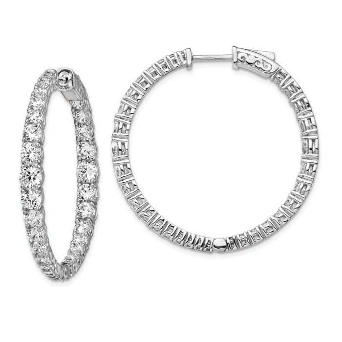 QE13012 Sterling Silver Rhodium-Plated Graduated CZ in & Out Round Hoop Earrings