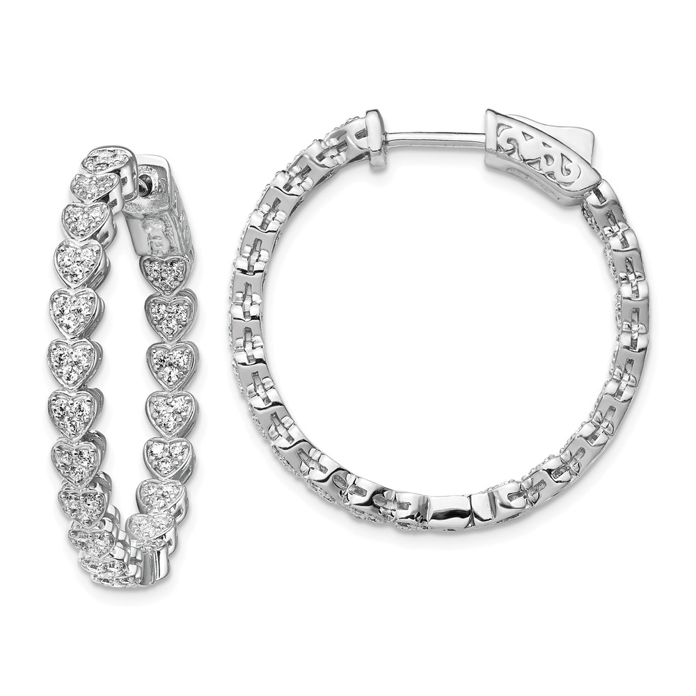 QE13015 Sterling Silver Rhodium-Plated CZ in & Out Heart Round Hoop Earrings