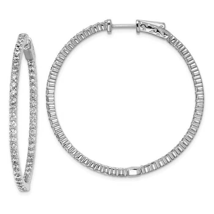 QE7577 Sterling Silver CZ 100 Stones In & Out Round Hoop Earrings, Polished