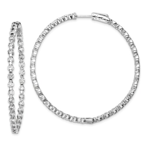 QE8016 Sterling Silver Rhodium-Plated CZ 70 Stones In & Out Hinged Hoop Polished Earrings