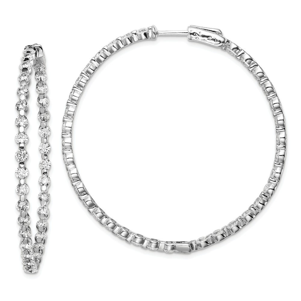 QE8016 Sterling Silver Rhodium-Plated CZ 70 Stones In & Out Hinged Hoop Polished Earrings