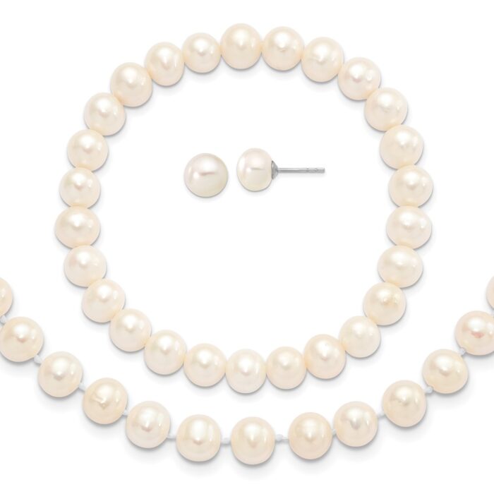 QH5636SET Sterling Silver Rhodium-Plated 7-8 mm White FWC Pearl Earrings Bracelet Necklace Set