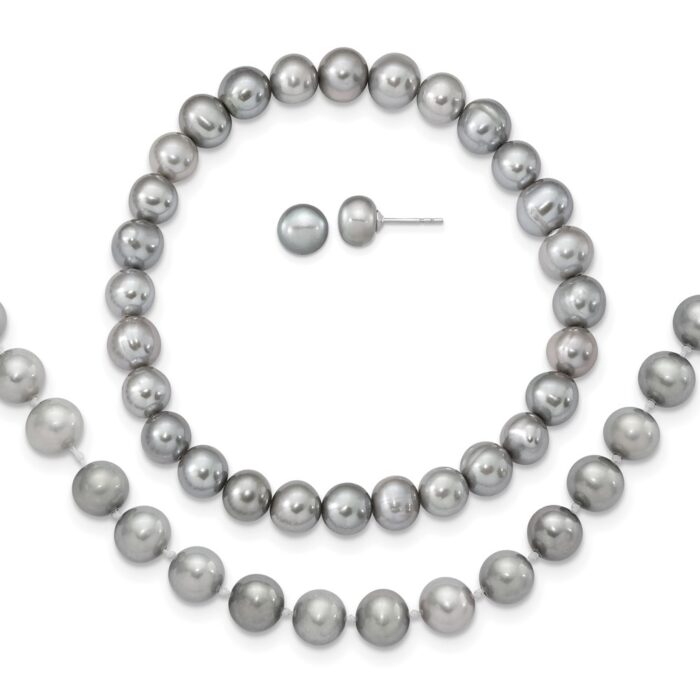 QH5637SET Sterling Silver Rhodium-Plated 7-8 mm Grey FWC Pearl Earrings Bracelet Necklace Set