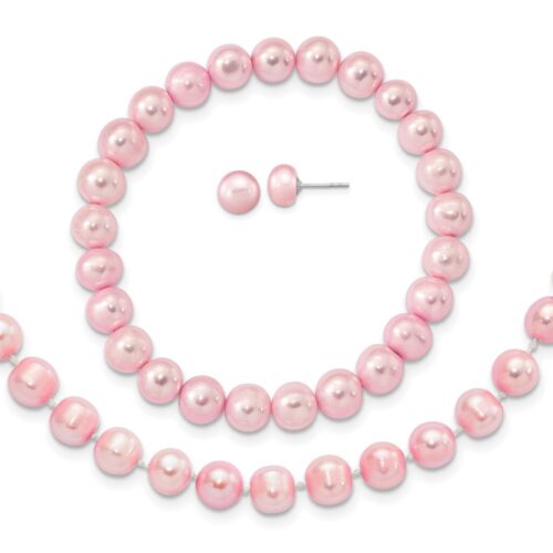 QH5638SET Sterling Silver Rhodium-Plated 7-8 mm Pink FWC Pearl Earrings Bracelet Necklace Set