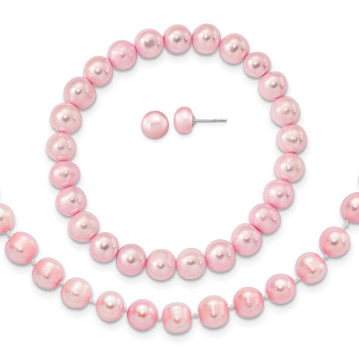 QH5638SET Sterling Silver Rhodium-Plated 7-8 mm Pink FWC Pearl Earrings Bracelet Necklace Set