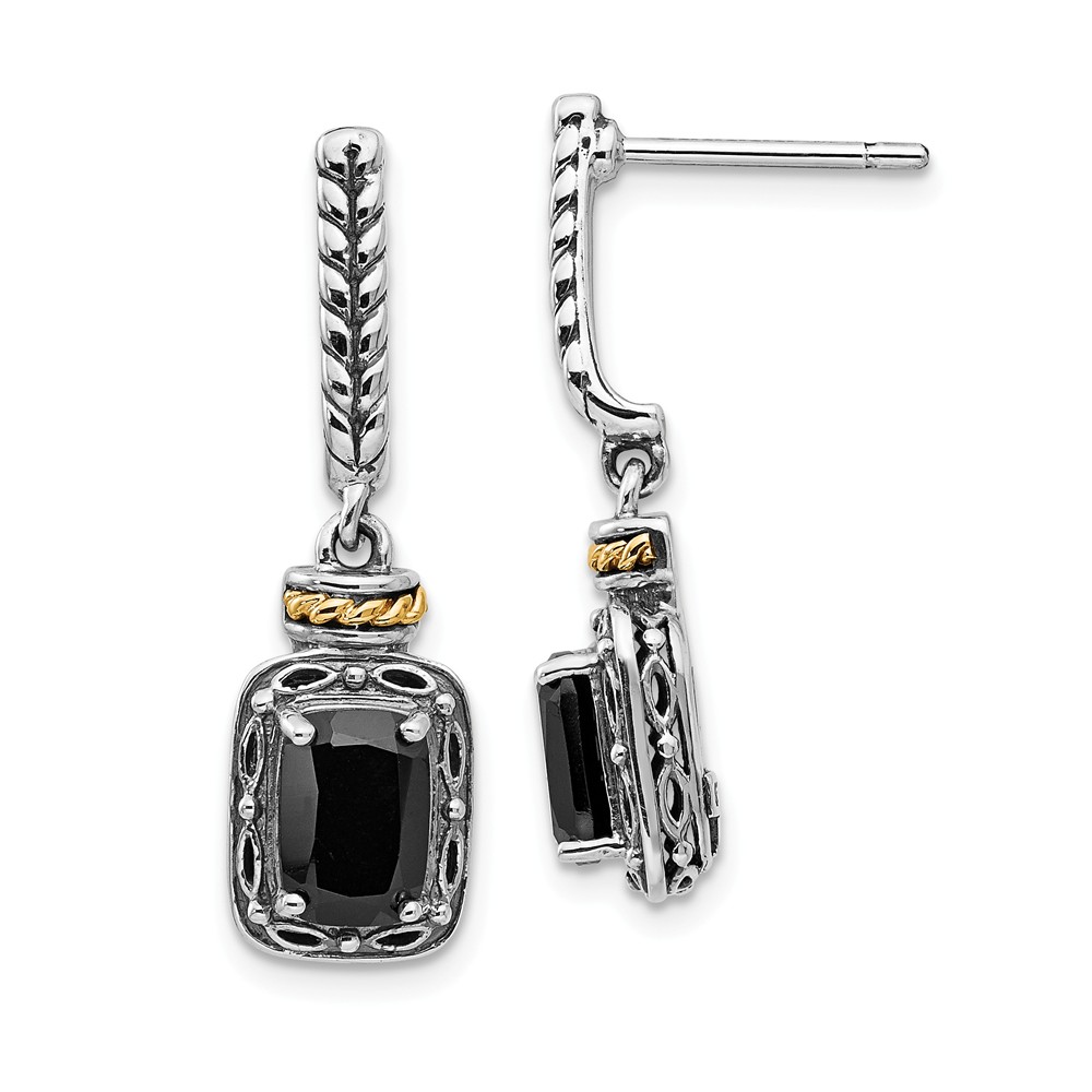 QTC988 Sterling Silver with 14K Gold Antiqued Onyx Post Dangle Earrings