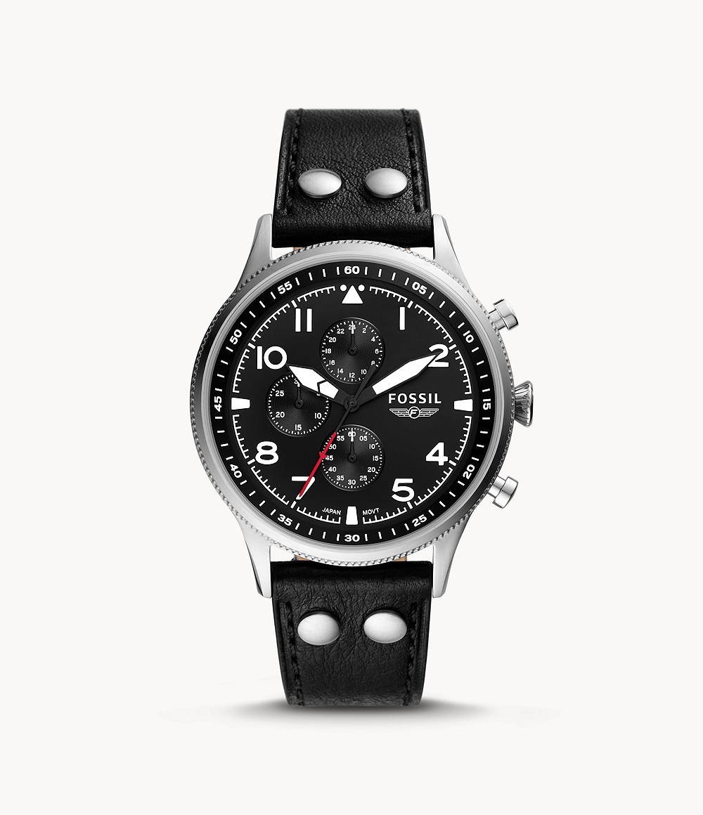 Retro Pilot Chronograph Black Eco Leather Watch