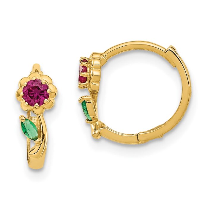 SE2526 14K Yellow Gold Madi K Red & Green CZ Hinged Hoop Earrings